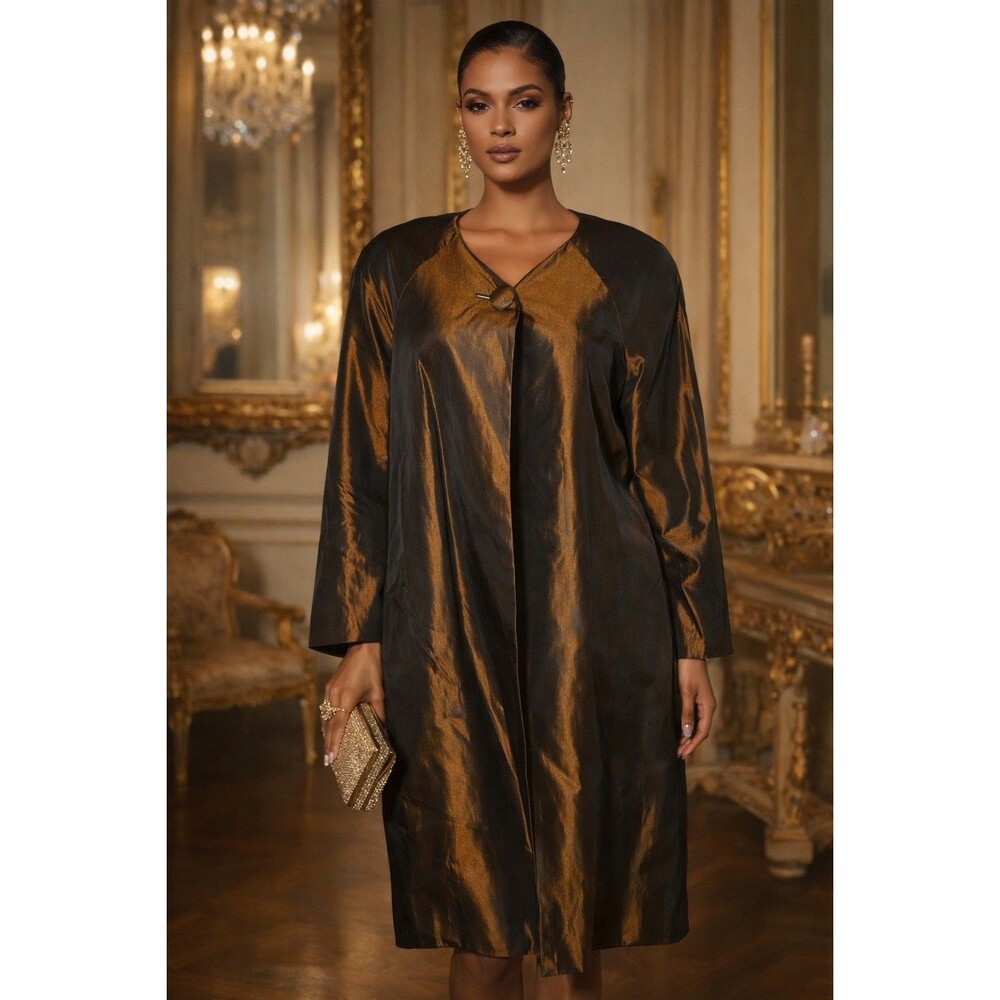 Vintage Oleg Cassini Black Tie Bronze Metallic Duster Coat Sz 8 Iridescent